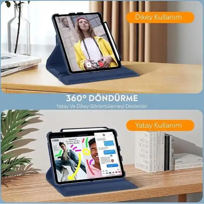 Apple iPad Yatay ve Dikey Standlı 360 Derece Döner Tablet Kılıfı (iPad 10.Nesil 10.9/iPad A16 Lacivert)