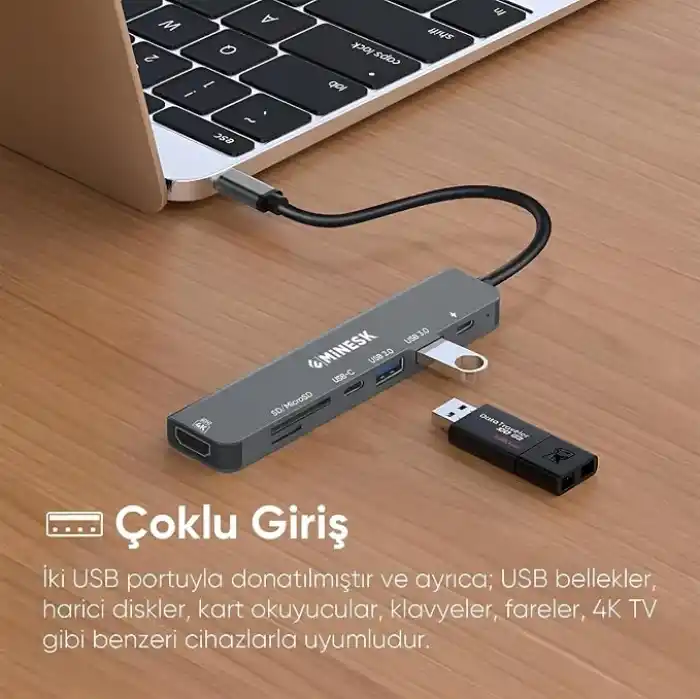 Minesk Macbook ile Uyumlu USB-C Hub Çoklayıcı HDMI/SD Card/Micro SD/USB 2.0/USB 3.0/USB-C/PD 100watt / bağlantı Port USB Çoklayıcı Adaptör (7-in -1 Multi Hub HDMI)