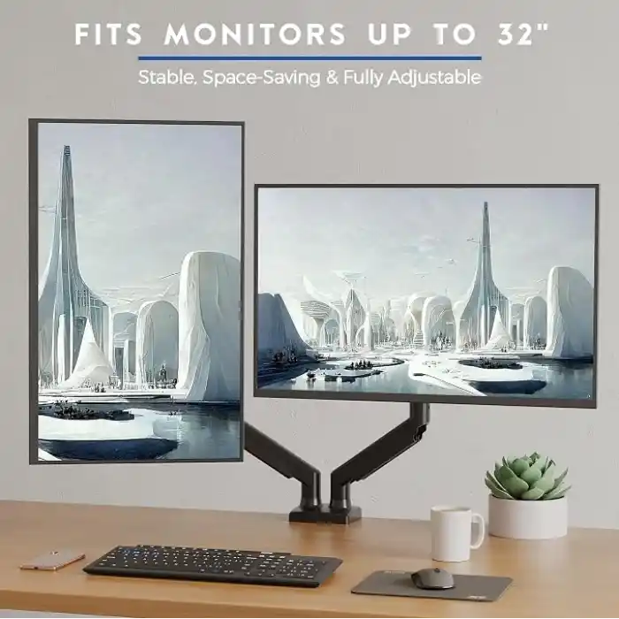 BONTEC 15-32 İnç Çiftli Gazlı Amortisörlü Monitör Kolu, Her Kol 9 kg’a Kadar, VESA 75x75/100x100