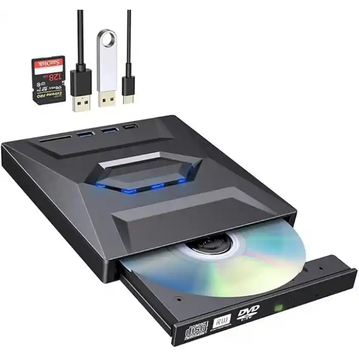 Coverzone 5in1 Harici USB 3.0 ve Type-C DVD-ROM DVD-RW Optik Sürücü, USB ve Type C Kablolu, PC, Tablet, DVD Player, Çizgili Metal Tasarım Ultra Slim CD ROM Okuyucu CV250