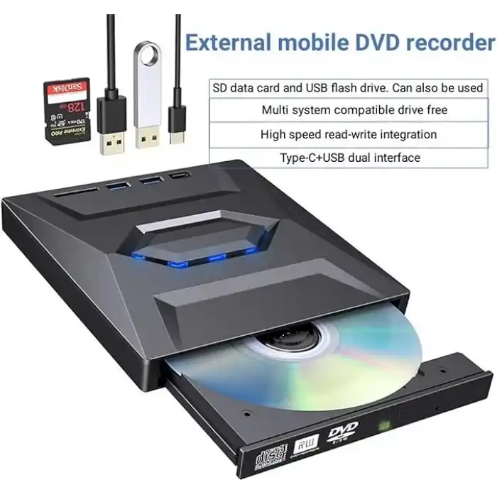 Coverzone 5in1 Harici USB 3.0 ve Type-C DVD-ROM DVD-RW Optik Sürücü, USB ve Type C Kablolu, PC, Tablet, DVD Player, Çizgili Metal Tasarım Ultra Slim CD ROM Okuyucu CV250