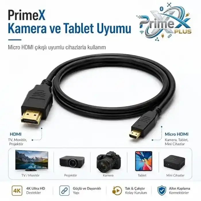 PrimeX PX-1121 Micro HDMI to HDMI Kablo, 1.5 Metre 1080P Full HD Hdmi Görüntü ve Ses Aktarım Kablosu, Micro Hdmi Type-D Kamera Tablet Mini Laptop Raspberry Pi TV Monitör Projeksiyon Bağlantı Kablosu