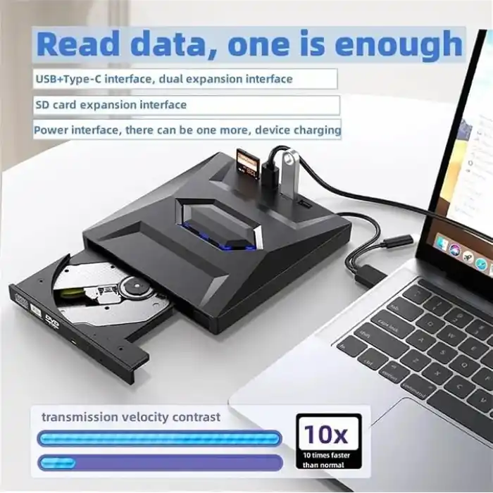 Coverzone 5in1 Harici USB 3.0 ve Type-C DVD-ROM DVD-RW Optik Sürücü, USB ve Type C Kablolu, PC, Tablet, DVD Player, Çizgili Metal Tasarım Ultra Slim CD ROM Okuyucu CV250