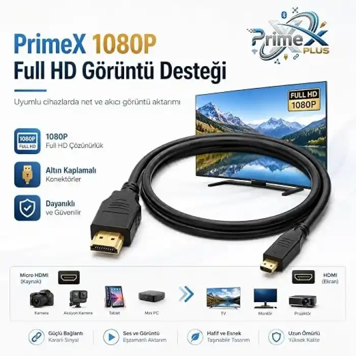 PrimeX PX-1121 Micro HDMI to HDMI Kablo, 1.5 Metre 1080P Full HD Hdmi Görüntü ve Ses Aktarım Kablosu, Micro Hdmi Type-D Kamera Tablet Mini Laptop Raspberry Pi TV Monitör Projeksiyon Bağlantı Kablosu