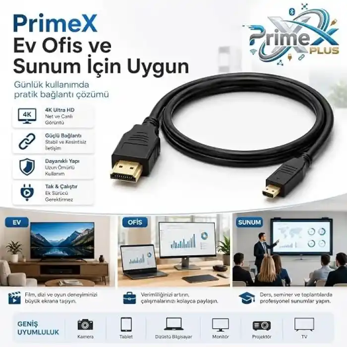 PrimeX PX-1121 Micro HDMI to HDMI Kablo, 1.5 Metre 1080P Full HD Hdmi Görüntü ve Ses Aktarım Kablosu, Micro Hdmi Type-D Kamera Tablet Mini Laptop Raspberry Pi TV Monitör Projeksiyon Bağlantı Kablosu