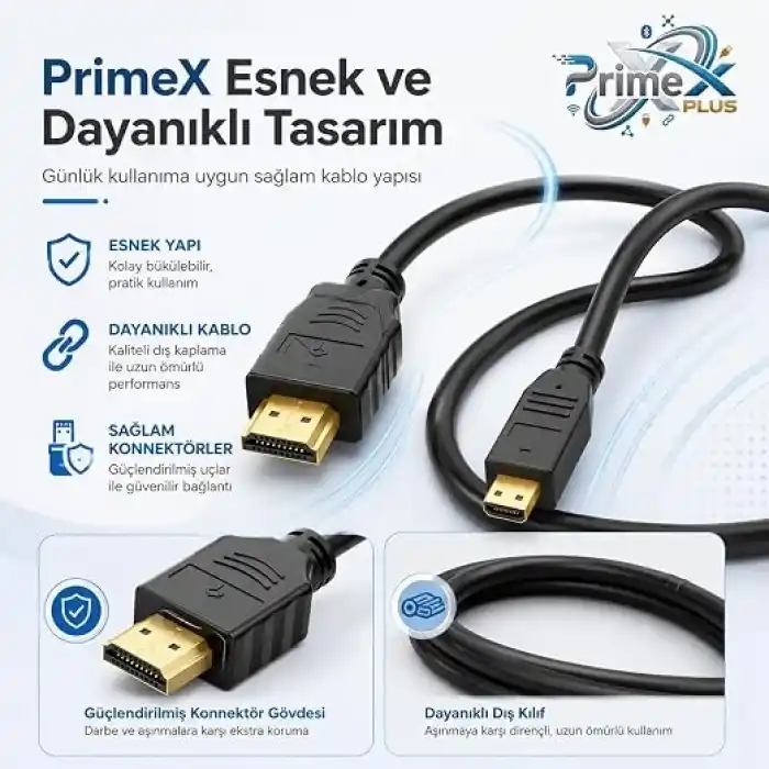 PrimeX PX-1121 Micro HDMI to HDMI Kablo, 1.5 Metre 1080P Full HD Hdmi Görüntü ve Ses Aktarım Kablosu, Micro Hdmi Type-D Kamera Tablet Mini Laptop Raspberry Pi TV Monitör Projeksiyon Bağlantı Kablosu