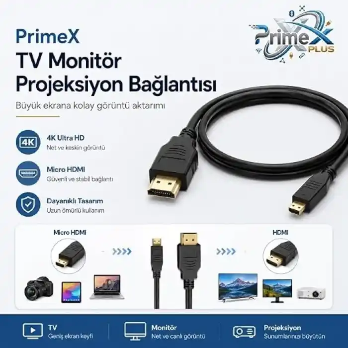 PrimeX PX-1121 Micro HDMI to HDMI Kablo, 1.5 Metre 1080P Full HD Hdmi Görüntü ve Ses Aktarım Kablosu, Micro Hdmi Type-D Kamera Tablet Mini Laptop Raspberry Pi TV Monitör Projeksiyon Bağlantı Kablosu