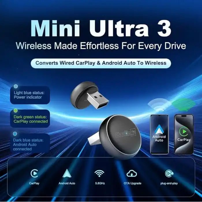 Carlinkit Kablosuz CarPlay ve Android Otomatik Adaptör - Mini Ultra 3 iPhone ve Android 11+, USB-A/Tip-C Tak ve Çalıştır, Hızlı Bağlantı, Çevrimiçi Yükseltme için Kablosuz Donglea OEM Kablolu