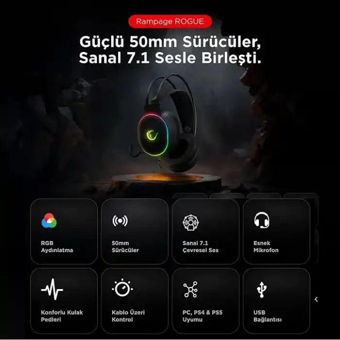 Rampage ROGUE Siyah USB RGB Ledli Gaming Esnek Mikrofonlu Oyuncu Kulaklık