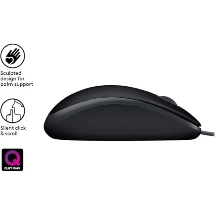 Logitech B110 kablolu USB fare, sessiz tuşlar, tam boyutlu konforlu tasarım, iki elle kullanılabilir PC/Mac/Laptop - Gri