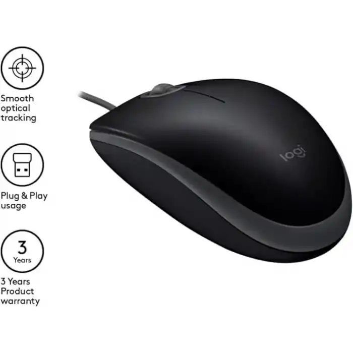 Logitech B110 kablolu USB fare, sessiz tuşlar, tam boyutlu konforlu tasarım, iki elle kullanılabilir PC/Mac/Laptop - Gri