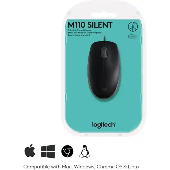 Logitech B110 kablolu USB fare, sessiz tuşlar, tam boyutlu konforlu tasarım, iki elle kullanılabilir PC/Mac/Laptop - Gri