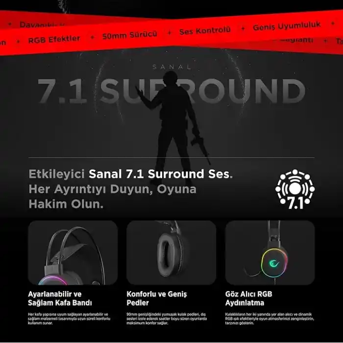 Rampage ROGUE Siyah USB RGB Ledli Gaming Esnek Mikrofonlu Oyuncu Kulaklık