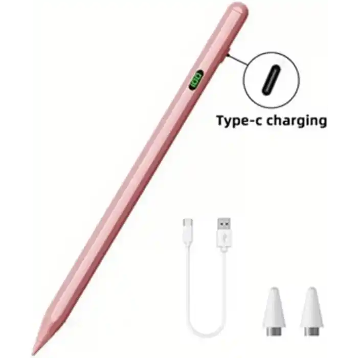 Coverzone Universal Dokunmatik Stylus Kalem LED Göstergeli Manyetik Gövdeli Type-C Şarjlı Hassas Uçlu Çizim ve Not Alma Kalemi Tüm Touchscreen Cihazlarla iPad ile Uyumlu | ZR61 (Açık Pembe)