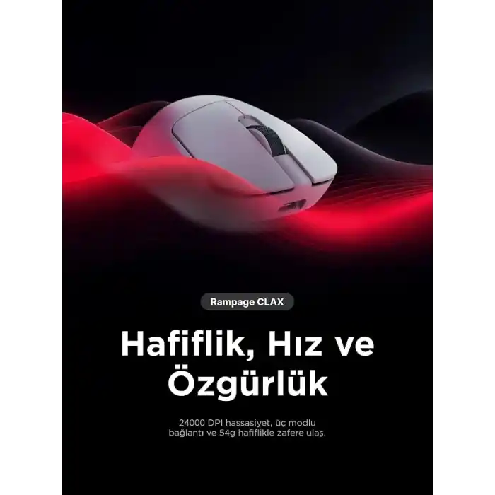 Rampage CLAX 60 Gram Kablosuz Ultra Hafif Şarjlı 3311 Sensor 24000 DPI 3311 Sensor Gaming Oyuncu Mouse (Beyaz)