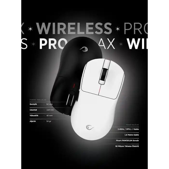 Rampage CLAX 60 Gram Kablosuz Ultra Hafif Şarjlı 3311 Sensor 24000 DPI 3311 Sensor Gaming Oyuncu Mouse (Beyaz)