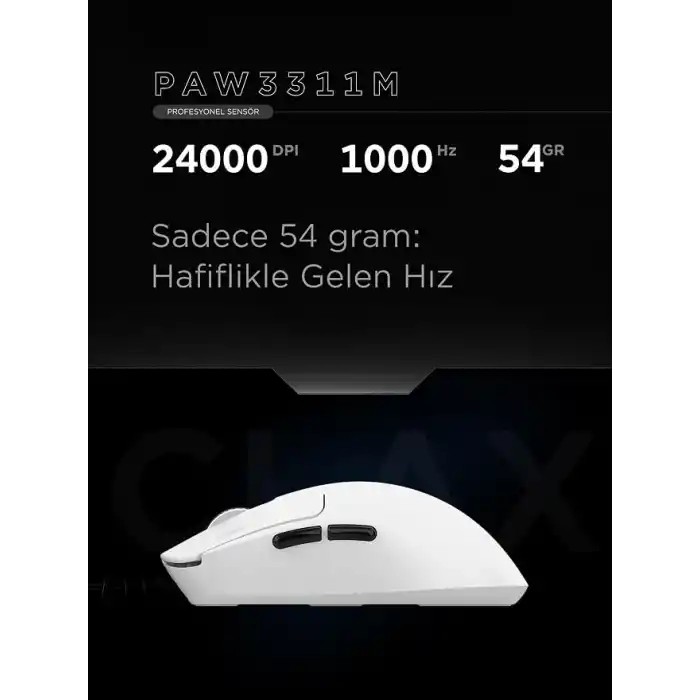 Rampage CLAX 60 Gram Kablosuz Ultra Hafif Şarjlı 3311 Sensor 24000 DPI 3311 Sensor Gaming Oyuncu Mouse (Beyaz)