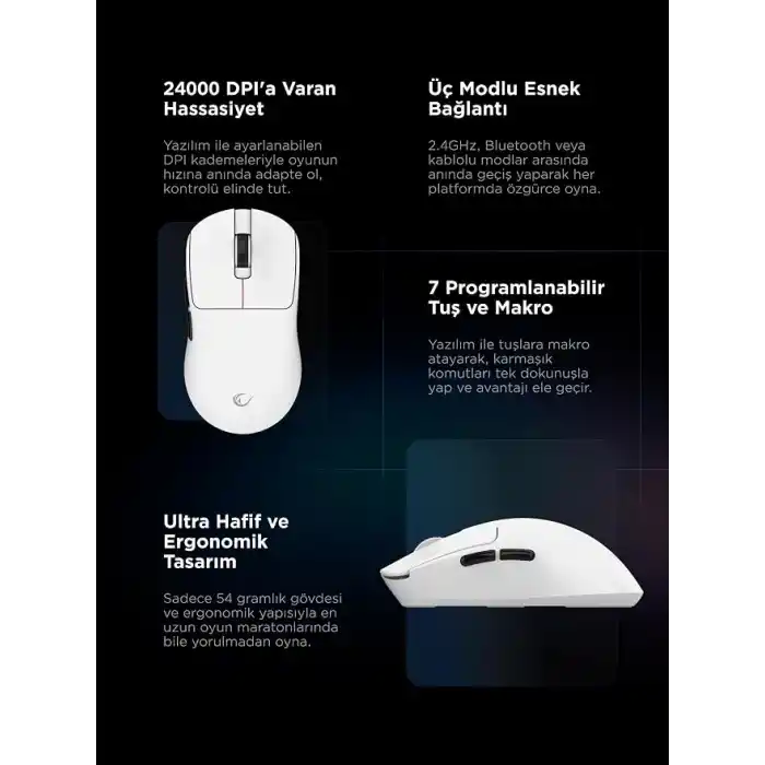 Rampage CLAX 60 Gram Kablosuz Ultra Hafif Şarjlı 3311 Sensor 24000 DPI 3311 Sensor Gaming Oyuncu Mouse (Beyaz)