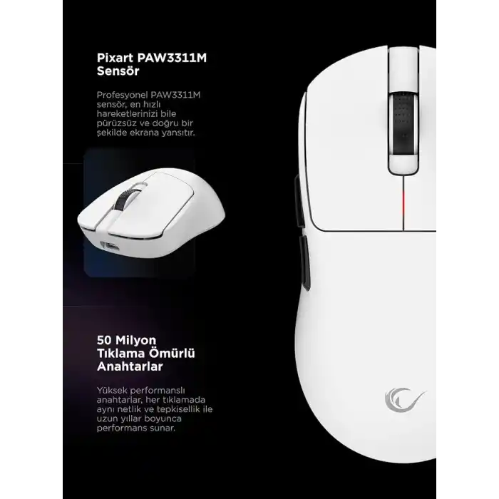 Rampage CLAX 60 Gram Kablosuz Ultra Hafif Şarjlı 3311 Sensor 24000 DPI 3311 Sensor Gaming Oyuncu Mouse (Beyaz)
