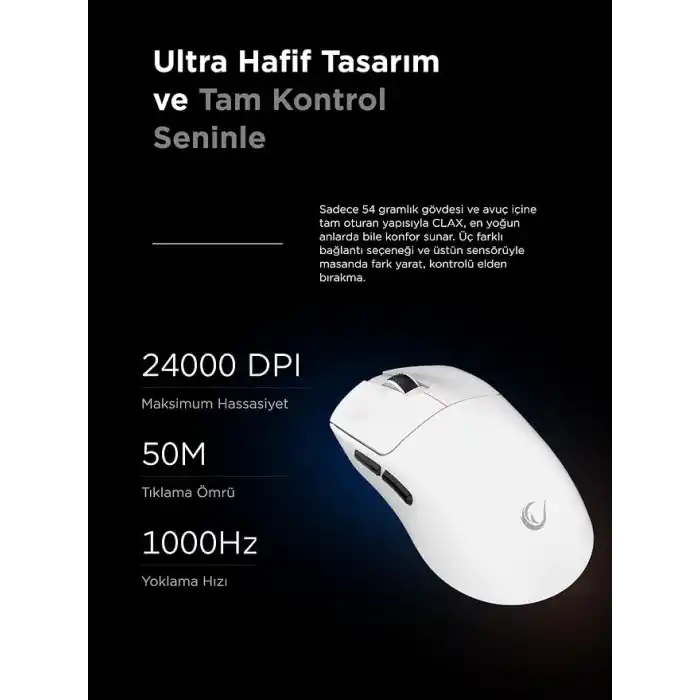 Rampage CLAX 60 Gram Kablosuz Ultra Hafif Şarjlı 3311 Sensor 24000 DPI 3311 Sensor Gaming Oyuncu Mouse (Beyaz)