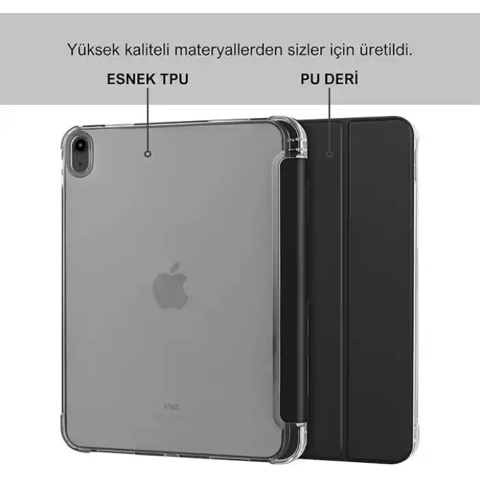 Klasse Apple iPad Air 5 / Air 4 10.9 inç Uyumlu Smart Kılıf, Apple Pencil Kalemlikli, Trifold, Esnek, Mat, Darbeye Tam Dayanıklı Tablet Kılıfı (Siyah)