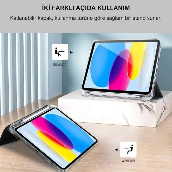Klasse Apple iPad Air 5 / Air 4 10.9 inç Uyumlu Smart Kılıf, Apple Pencil Kalemlikli, Trifold, Esnek, Mat, Darbeye Tam Dayanıklı Tablet Kılıfı (Siyah)