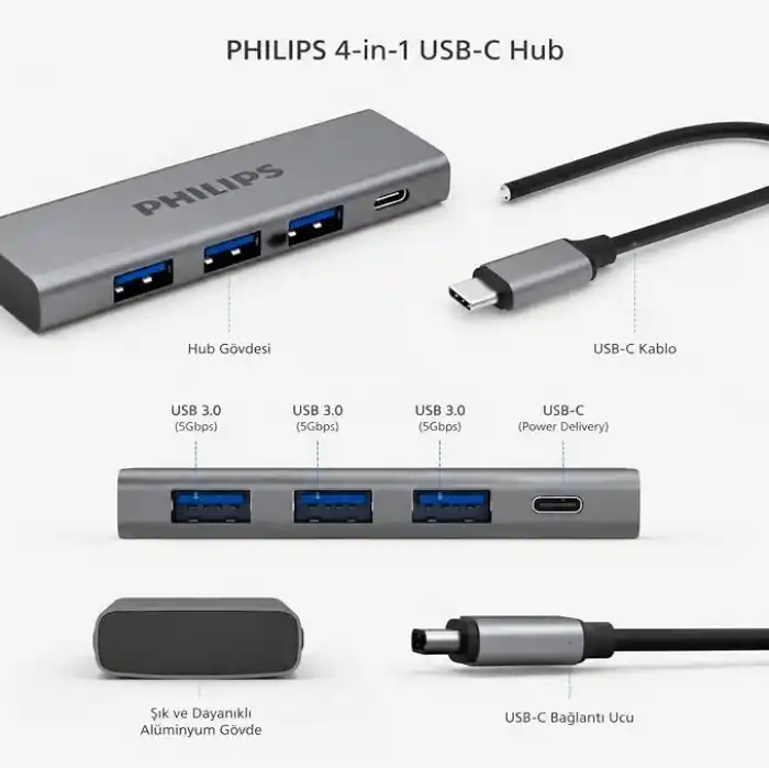 PHILIPS 4-in-1 USB-C Hub | 3x USB 3.0 5Gbps, 1x USB-C 5Gbps, Hızlı Veri Transferi, Kompakt ve Dayanıklı, Alüminyum Alaşım, Windows macOS Linux ve Android ile Uyumlu, SWR5041/00