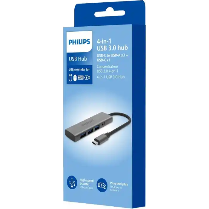 PHILIPS 4-in-1 USB-C Hub | 3x USB 3.0 5Gbps, 1x USB-C 5Gbps, Hızlı Veri Transferi, Kompakt ve Dayanıklı, Alüminyum Alaşım, Windows macOS Linux ve Android ile Uyumlu, SWR5041/00