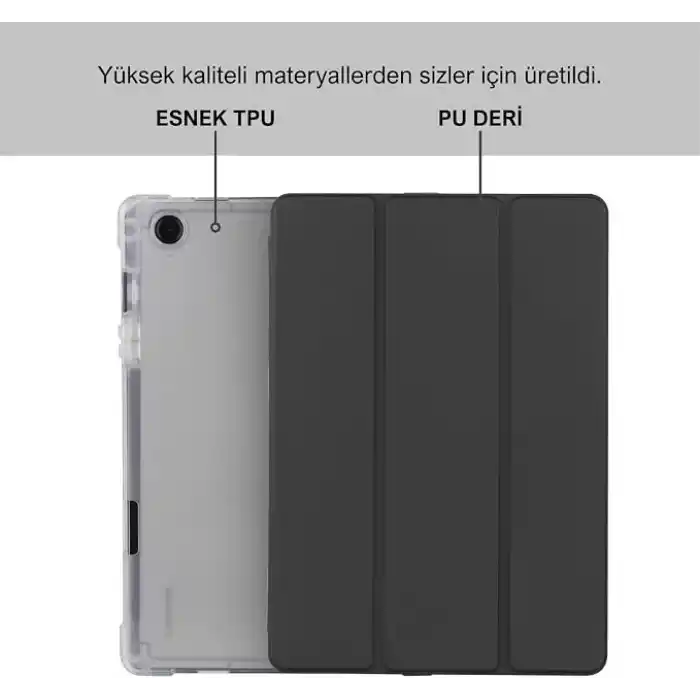 Klasse Samsung Galaxy Tab A9+ Plus 11 inç Uyumlu Smart Kılıf, S Pen Kalemlikli, Trifold, Esnek, Mat, Darbeye Tam Dayanıklı Tablet Kılıfı (Siyah)