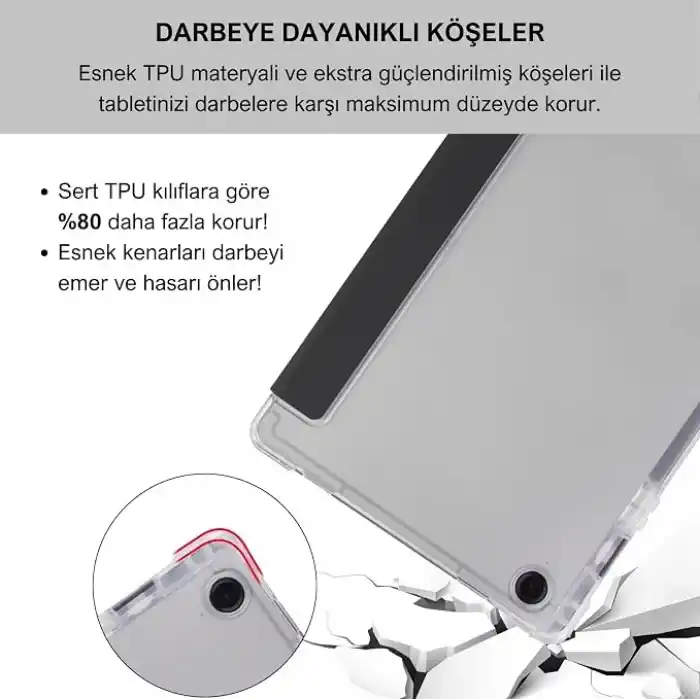 Klasse Samsung Galaxy Tab A9+ Plus 11 inç Uyumlu Smart Kılıf, S Pen Kalemlikli, Trifold, Esnek, Mat, Darbeye Tam Dayanıklı Tablet Kılıfı (Siyah)