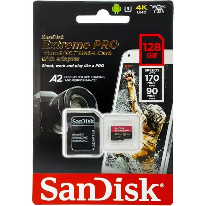 SanDisk Extreme Pro 128 GB microSDXC Hafıza Kartı SDSQXCY-128G-GN6MA, 170 MB/sne kadar