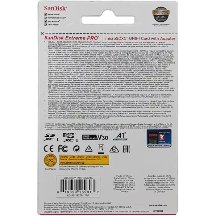 SanDisk Extreme Pro 128 GB microSDXC Hafıza Kartı SDSQXCY-128G-GN6MA, 170 MB/sne kadar