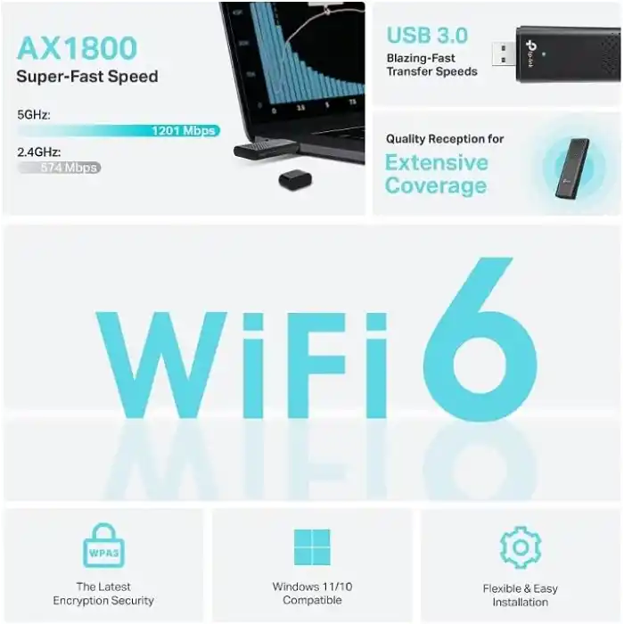 TP-Link WiFi Stick 6 güçlü AX1800Mbps, Archer TX20U, WLAN USB adaptörü, WLAN dongle, USB 3.0 Dual-Band, 2.4G/5GHz, MU-MIMO, WPA3, Windows 11/10 ile uyumlu