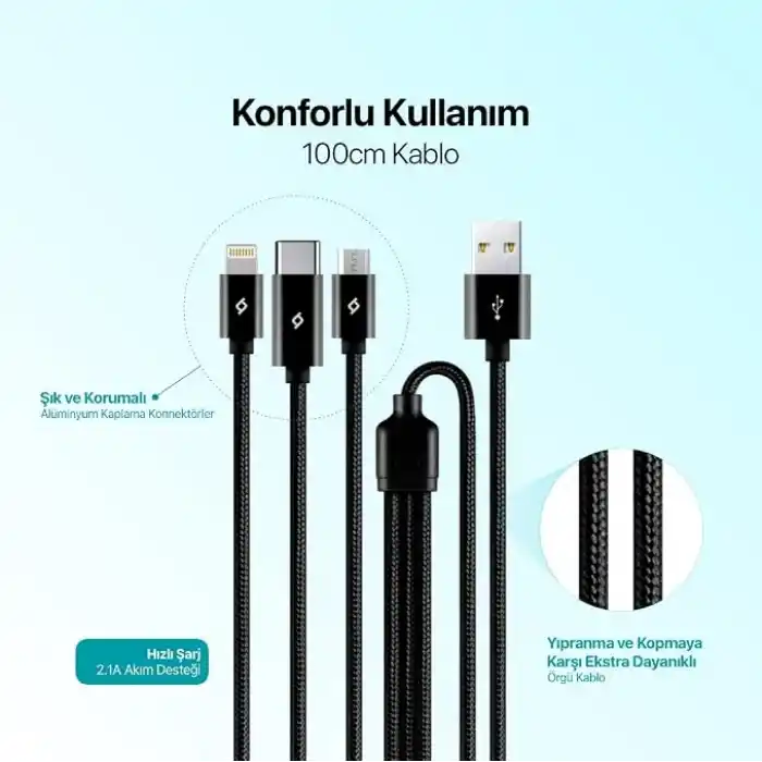 ttec AlumiCable Trio Şarj Kablosu 1mt. Type-C, Lightning, Micro USB