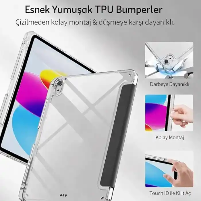 Coverzone iPad 11.Nesil A16 11inç/10.Nesil 10.9inç ile uyumlu Kalem Koyma Bölmeli Ultra Koruma Antişok Yatay Dikey Şekillerde Stand seçeneği Uyku Modlu New Attractive HX99 Smart Cover Kılıf Pembe