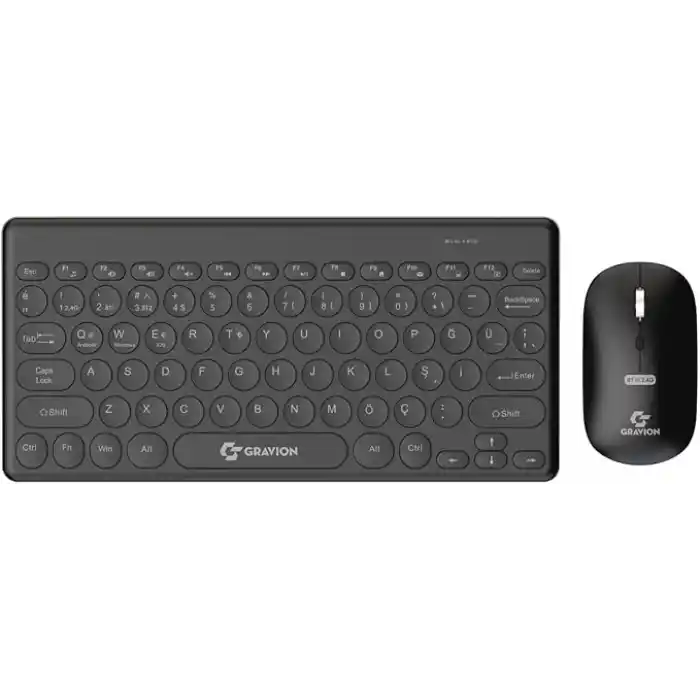 Gravion KM-BT37 Kablosuz Klavye Mouse Seti, Bluetooth + USB Dongle 2.4G, 78 Tuş Kompakt, Türkçe Q, PC TV Laptop Tablet Telefon Uyumlu, Siyah