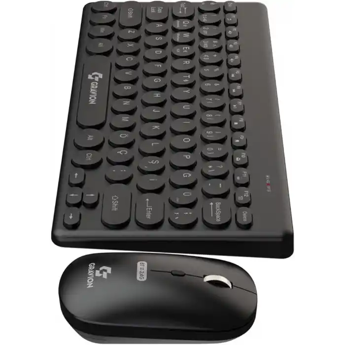 Gravion KM-BT37 Kablosuz Klavye Mouse Seti, Bluetooth + USB Dongle 2.4G, 78 Tuş Kompakt, Türkçe Q, PC TV Laptop Tablet Telefon Uyumlu, Siyah