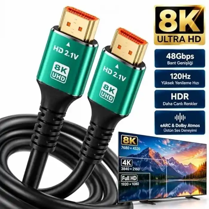 HDMI 2.1 8K Ultra HD Kablo 48Gbps 4K 120Hz Altın Uçlu 2 Metre