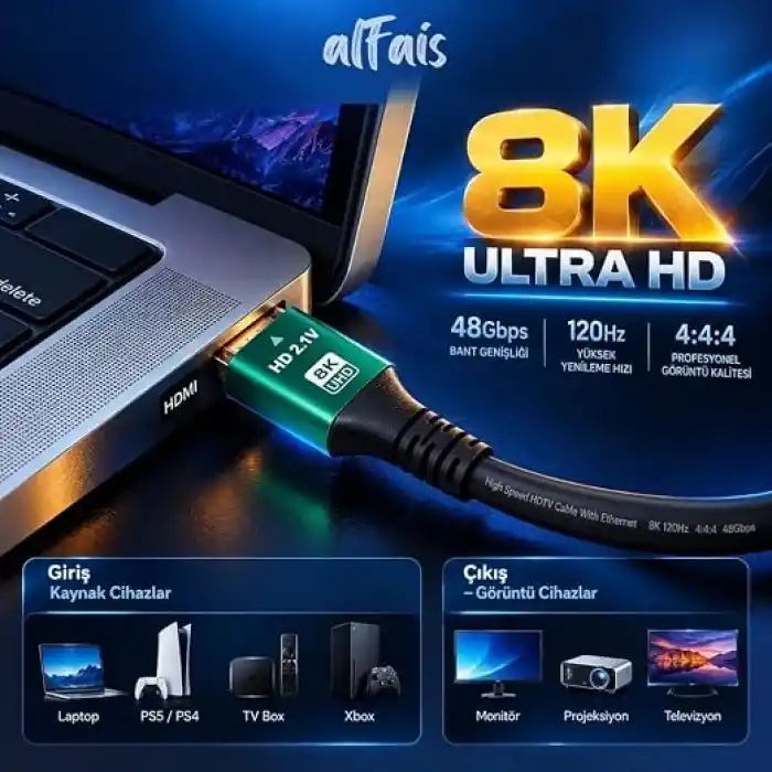 HDMI 2.1 8K Ultra HD Kablo 48Gbps 4K 120Hz Altın Uçlu 2 Metre