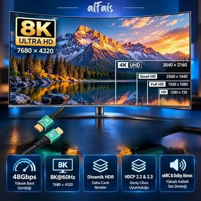 HDMI 2.1 8K Ultra HD Kablo 48Gbps 4K 120Hz Altın Uçlu 2 Metre