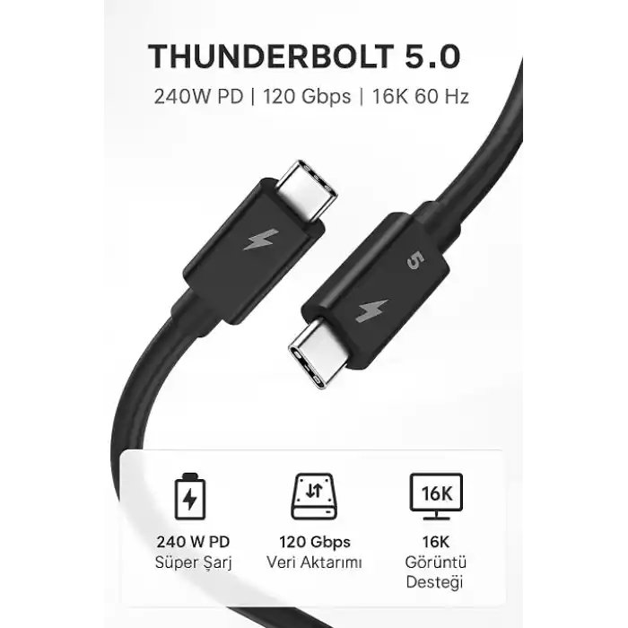 Coverzone Thunderbolt 5.0 Type-C Kablo – 240W PD Hızlı Şarj, 120Gbps Veri Aktarımı, 16K 60Hz Görüntü Desteği, E-Marker Akıllı Çipli, Thunderbolt 3/4/USB4 Geriye Uyumluluklu Örgü Kablo | ZR1107