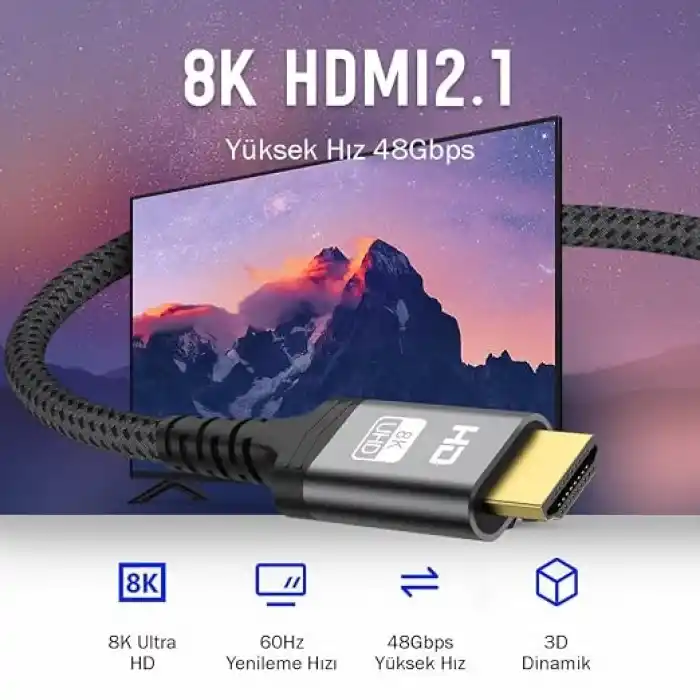 (3 metre) HDMI 2.1 Kablo 8K 60Hz 4K 120Hz 48Gbit/s Yüksek Hızlı, HDMI Kablo TV/PS5/PS4/ Xbox Series X/Monitör ile uyumlu