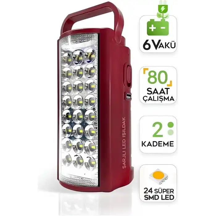 Kamp Lambası ve Portatif Işıldak Usb Şarj 6v Akülü 80 Saat - 3 gün Aydınlatma 24 Smd Led Işıldak Lamba 220v Şarj - USB Şarj Çıkışlı