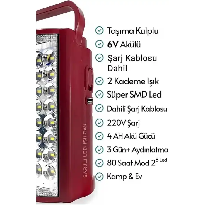 Kamp Lambası ve Portatif Işıldak Usb Şarj 6v Akülü 80 Saat - 3 gün Aydınlatma 24 Smd Led Işıldak Lamba 220v Şarj - USB Şarj Çıkışlı