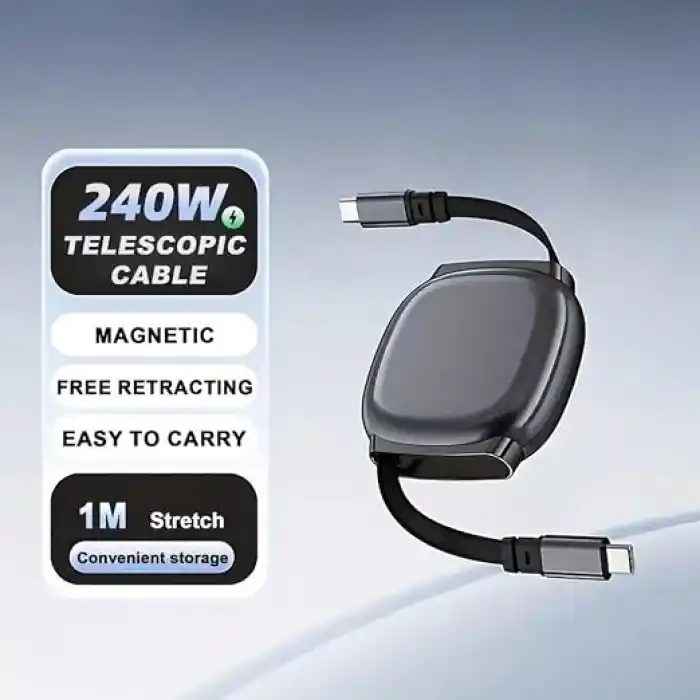 PDAteknoloji Retractable (Makaralı) Type-C To Type-C Hızlı Şarj ve Data Kablosu Siyah YK-K181