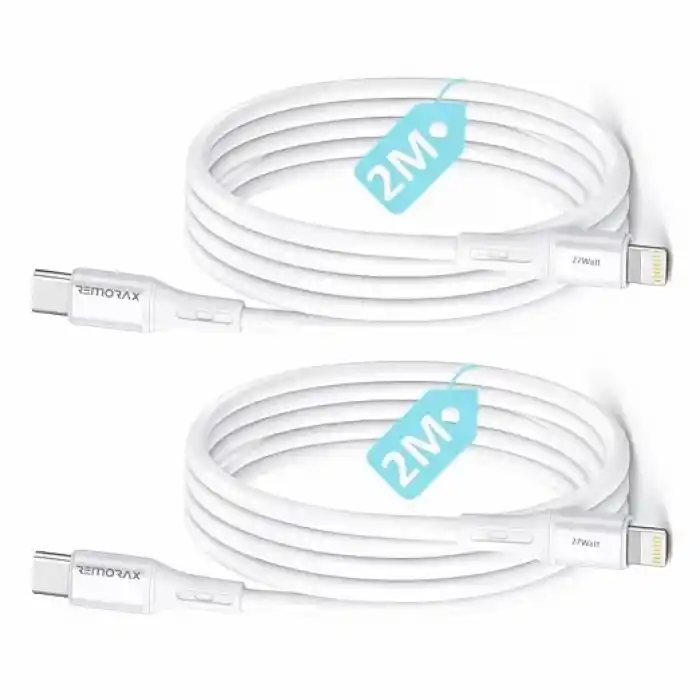 2 Adet x 2 Metre Kablo Seti, Type C-Lightning 27Watt PD Hızlı Şarj, REMORAX Wahoo, Beyaz/Gümüş Metal