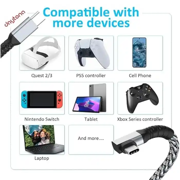 Daytona VR-C Oculus Quest ile Uyumlu VR5 Link Kablosu 5 M, 5Gbps USB 3.2 Gen 1 Hızlı Veri Aktarımı, Hızlı Şarj Usb-C, Quest 2 Uyumlu (Type C to Type C) Kablo; Sanal Gerçeklik Gözlüğü Uyumlu