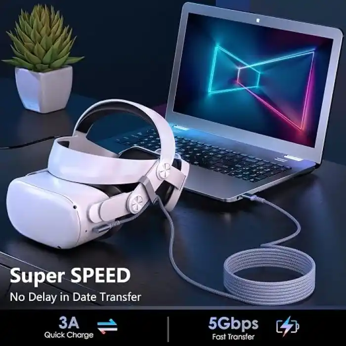 Daytona VR-C Oculus Quest ile Uyumlu VR5 Link Kablosu 5 M, 5Gbps USB 3.2 Gen 1 Hızlı Veri Aktarımı, Hızlı Şarj Usb-C, Quest 2 Uyumlu (Type C to Type C) Kablo; Sanal Gerçeklik Gözlüğü Uyumlu