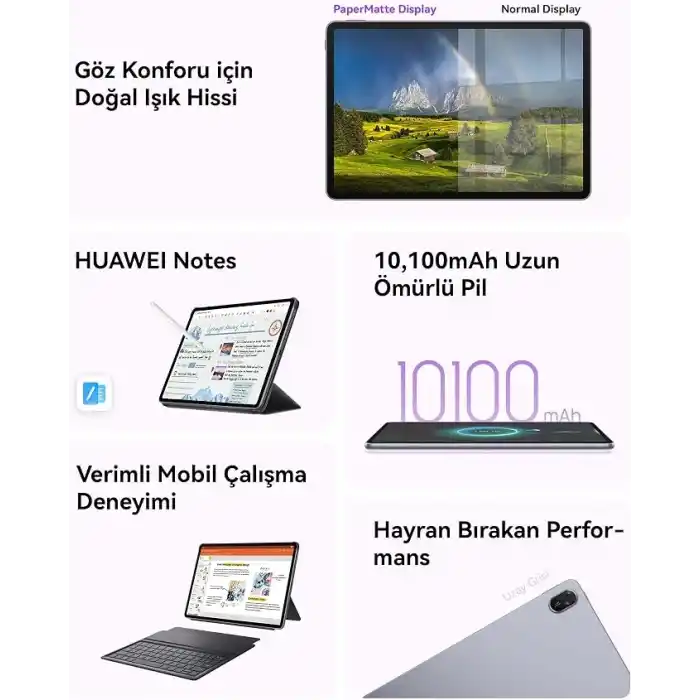 HUAWEI MatePad 11.5 2025 Tablet 2.5K 120Hz Göz Dostu PaperMatte Ekran, 8+256GB, 10100 mAh Pil, 40W SuperCharge, WiFi 6, Bluetooth 5.2, HUAWEI Notes, Dörtlü Hoparlör, Ayrılabilir klavye, Uzay Grisi