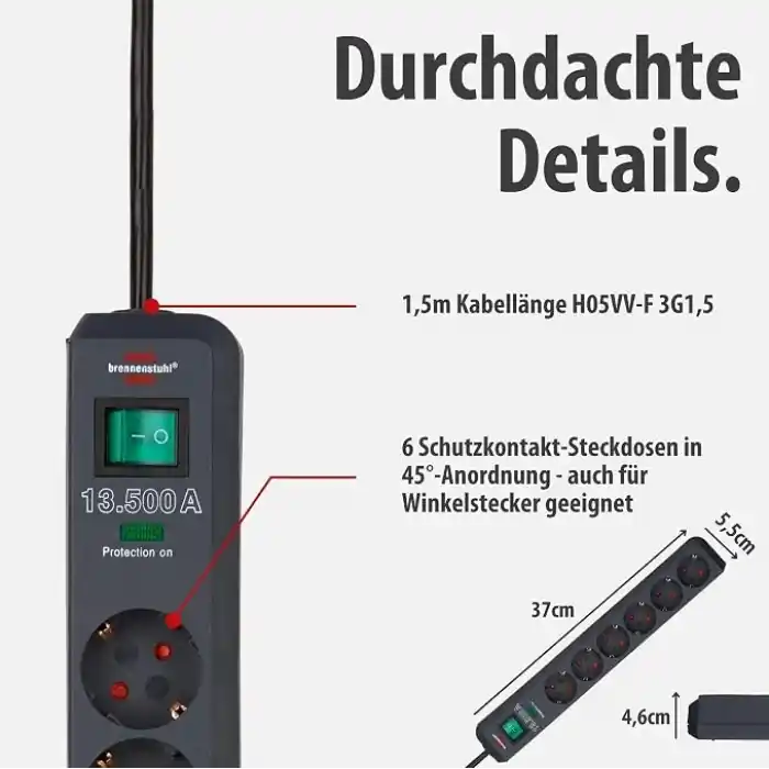 Brennenstuhl Eco-Line çoklu priz, yüksek gerilim korumalı, Gri, 1159700015